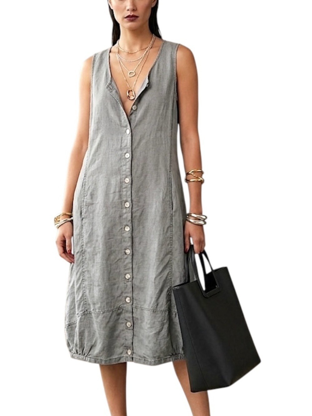 Minimalist old money pure linen grey boxy lagenlook button front shift dress M